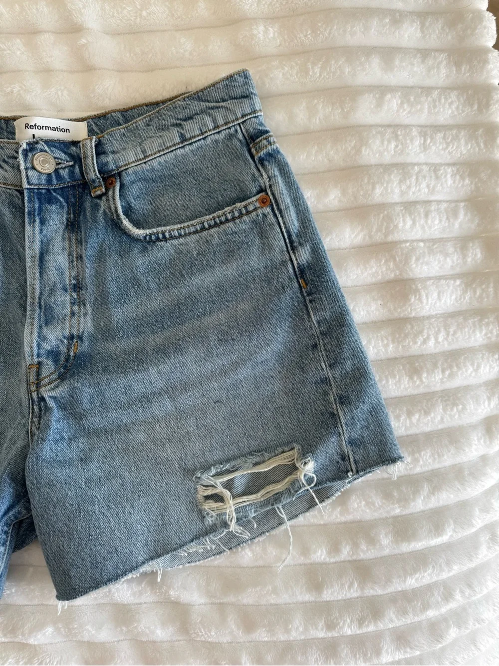 Reformation Light Blue Distressed Denim Shorts